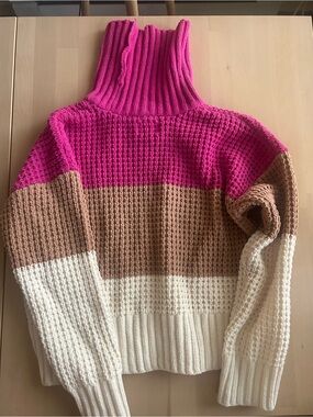 Hippie Rose Colorblock Turtleneck Sweater in Fuchsia, Tan & Cream